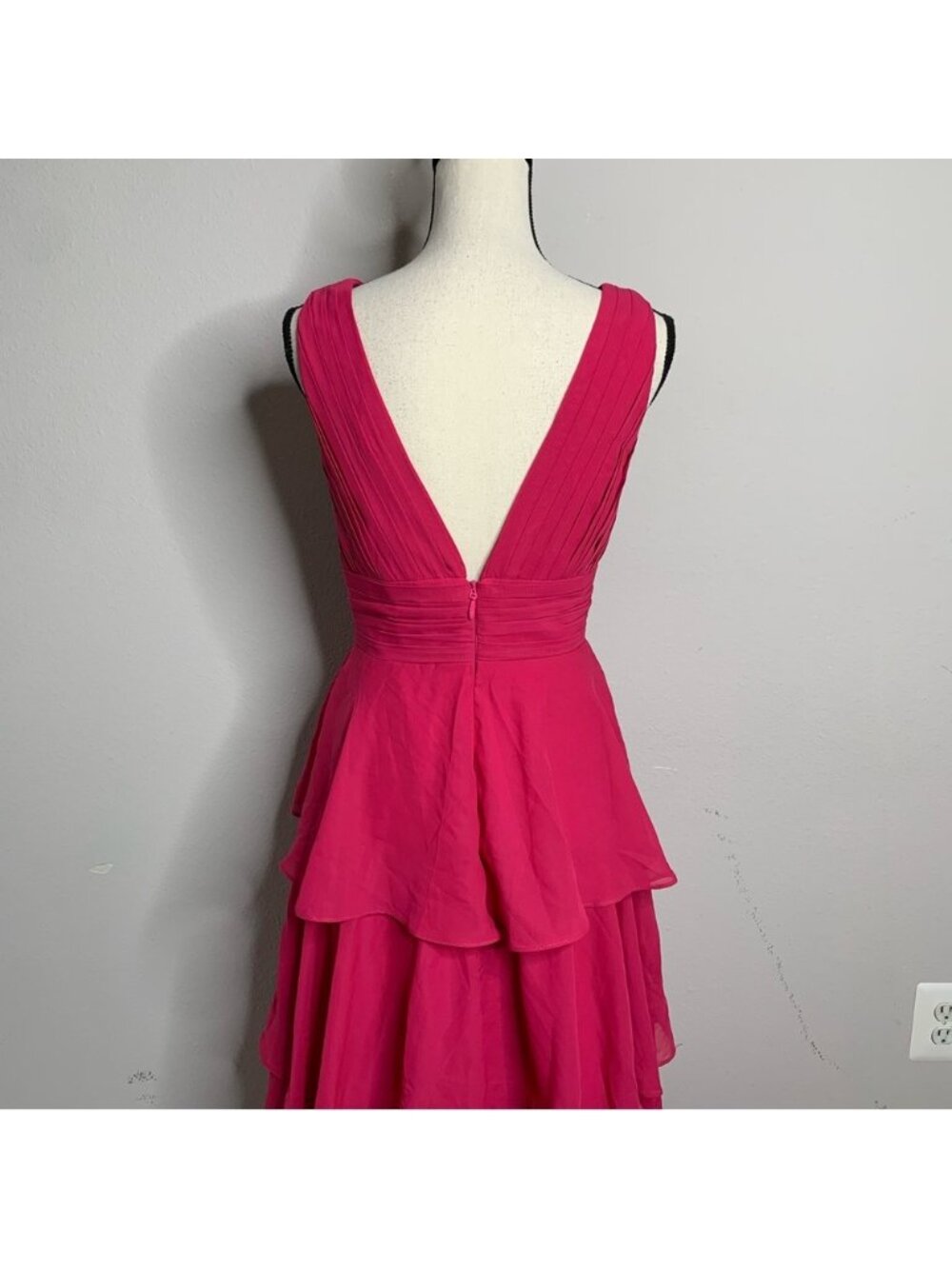 Fuchsia Pink Plunging V-Neck Tiered Chiffon Maxi Gown Sleeveless Formal Dress - Picture 11 of 14